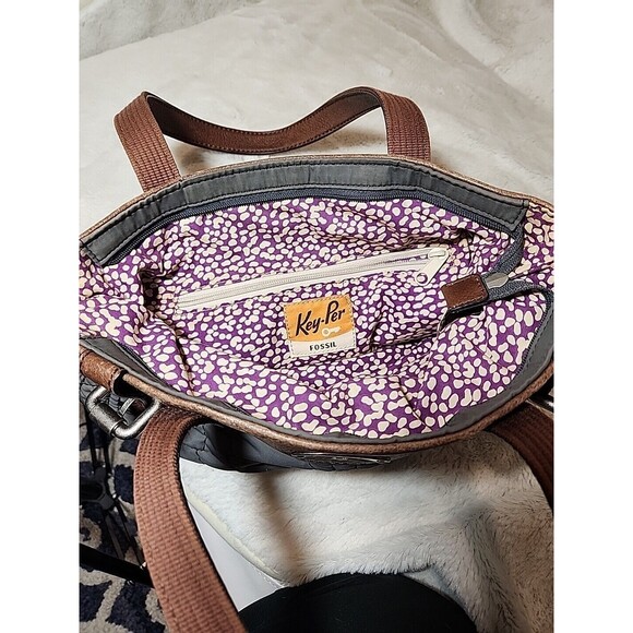 FOSSIL‎ Bag Purse Keyper Gray Quilted Womens Tote Nylon Satchel Flower Design - Picture 8 of 15